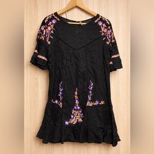 FREE PEOPLE PAVLO black cotton babydoll dress M bell sleeves embroidered